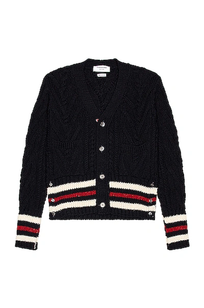 Shop Thom Browne Aran Cable V Neck Cardigan In Navy