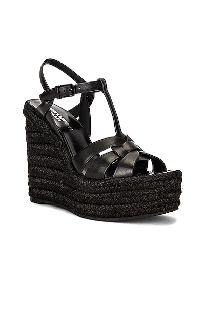 Saint Laurent Tribute Woven Leather Espadrille Wedge Sandals In Noir