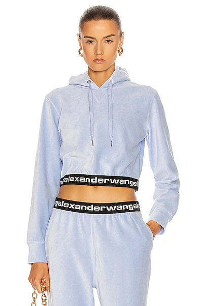 Shop Alexander Wang T Corduroy Logo Elastic Cropped Long Sleeve Hoodie In Xenon Blue