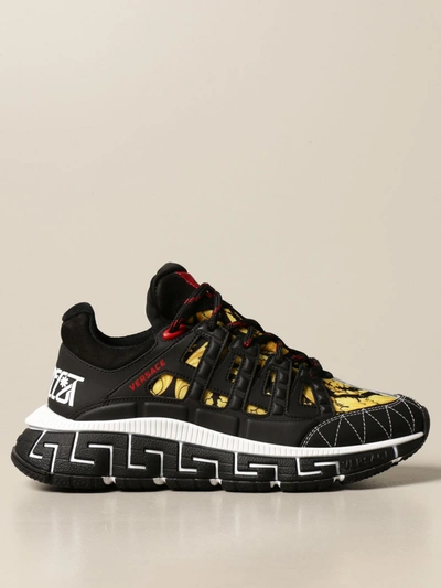 Shop Versace Sneakers In Leather And Baroque Canvas In Black