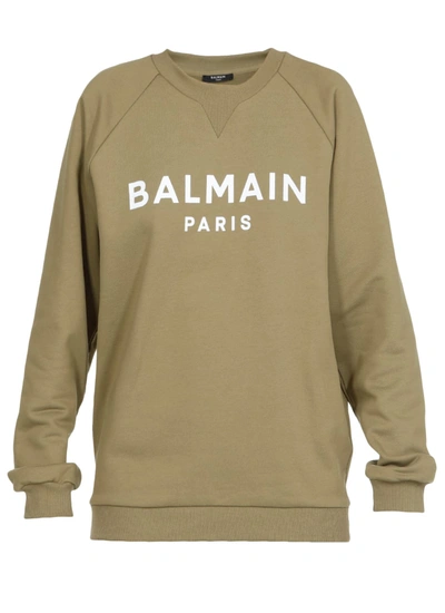 Shop Balmain Sweatshirt With Logo In Kaki/blanc