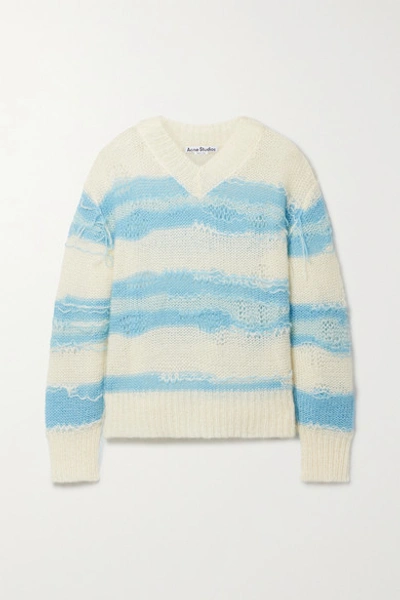 Shop Acne Studios Distressed Striped Open-knit Sweater In White