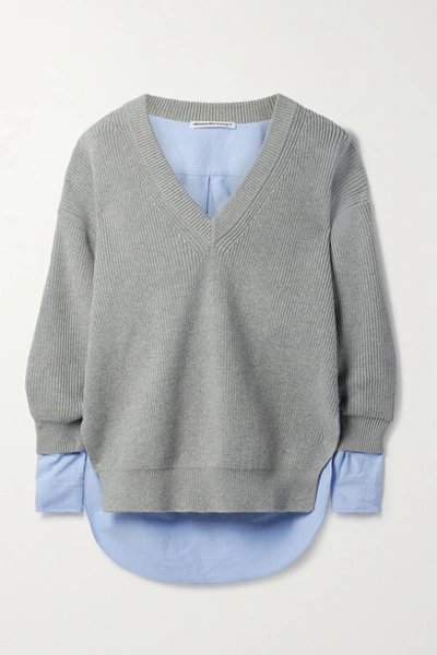 Shop Alexander Wang T Layered Ribbed Cotton-blend And Cotton Oxford Sweater In Gray