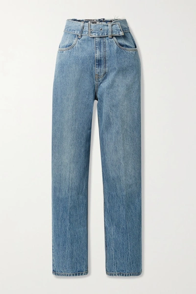 Shop Alexander Wang Belted Distressed High-rise Straight-leg Jeans In Light Denim