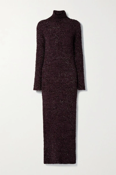 Shop Helmut Lang Open-back Metallic Ribbed Cotton-blend Turtleneck Maxi Dress In Grape