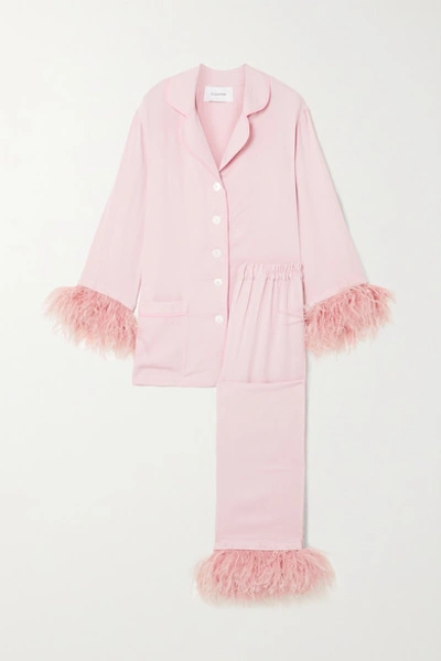 Shop Sleeper Party Feather-trimmed Crepe De Chine Pajama Set In Pink