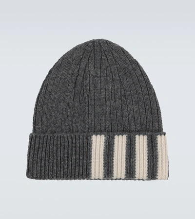 Shop Thom Browne Ribbed Striped Cashmere Hat In Grey