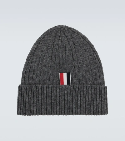 Shop Thom Browne Ribbed Striped Cashmere Hat In Grey