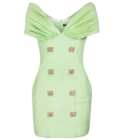 Shop Balmain Embellished Stretch-crêpe Minidress In Green