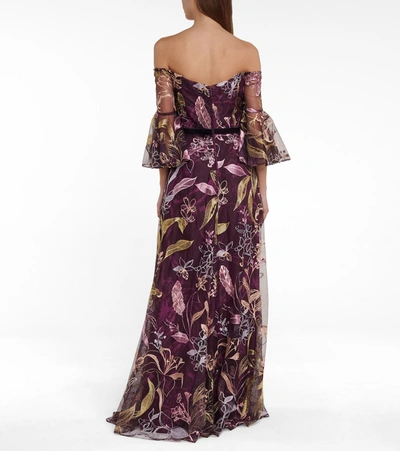 Shop Marchesa Notte Embroidered Tulle Off-shoulder Gown In Purple