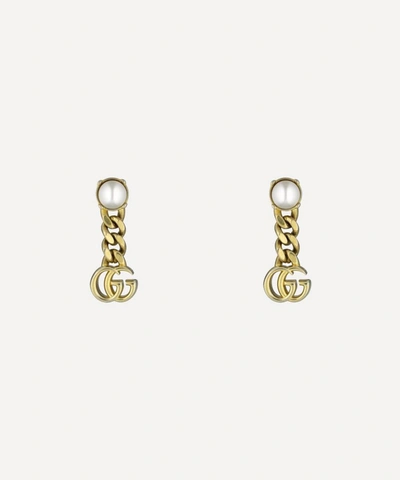 Shop Gucci Gold-tone Faux Pearl Double G Drop Earrings