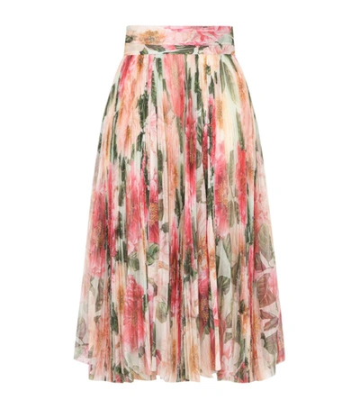Shop Dolce & Gabbana Silk Camellia Print Pleated Skirt