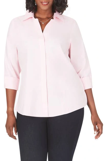 Shop Foxcroft 'taylor' Three-quarter Sleeve Non-iron Cotton Shirt In Chambray Pink