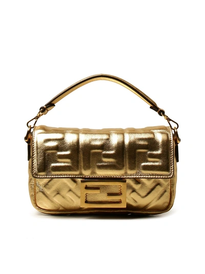 Shop Fendi Borsa Baguette  In Pelle Laminate With Ff Embossed Logo In Metallic