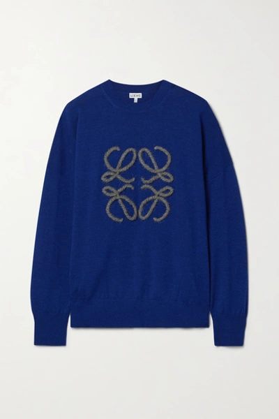 Shop Loewe Embroidered Wool-blend Sweater In Royal Blue