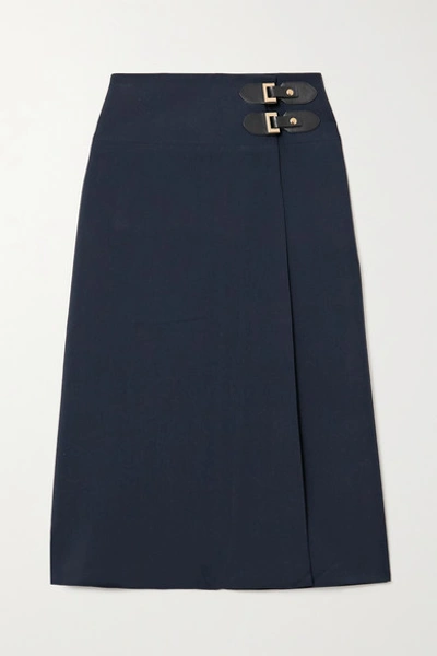 Shop Acheval Pampa Volada Leather-trimmed Woven Wrap Skirt In Navy