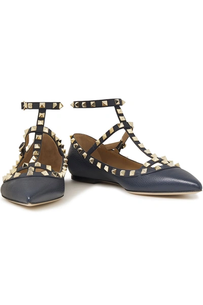 Shop Valentino Rockstud Pebbled-leather Point-toe Flats In Navy