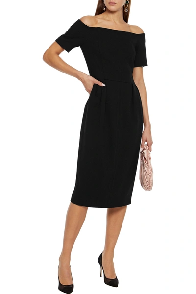 Shop Fendi Off-the-shoulder Pleated Wool-crepe Dress In Black