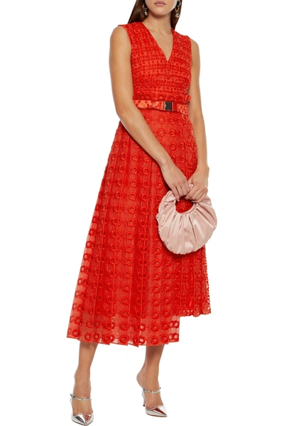Shop Fendi Belted Pleated Embroide In Red