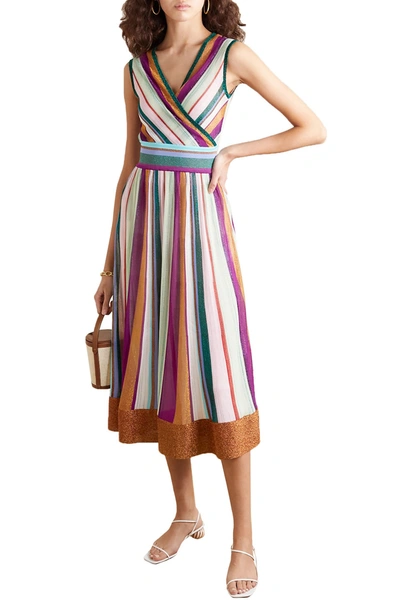 Shop Missoni Wrap-effect Striped Metallic Crochet-knit Midi Dress In Purple