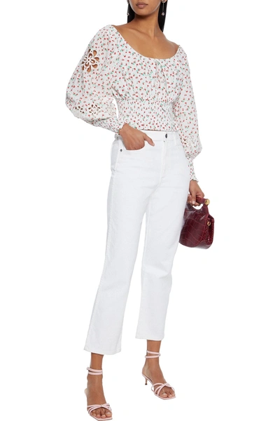 Shop Rixo London Helena Broderie Anglaise-trimmed Floral-print Cotton Top In White