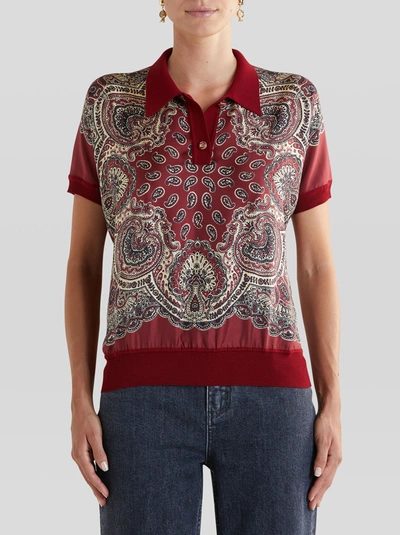 Shop Etro Printed Wool Jersey Polo Shirt In Red