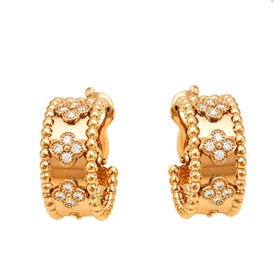 Pre-owned Van Cleef & Arpels Perl&eacute;e Clover Diamond 18k Rose Gold Hoop Earrings