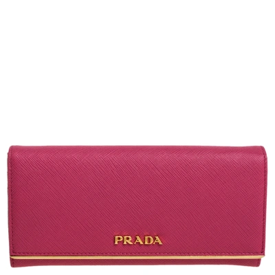 Pre-owned Prada Pink Saffiano Leather Metal Bar Flap Continental Wallet