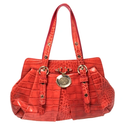 Pre-owned Versace Red Croc Embossed Leather Satchel