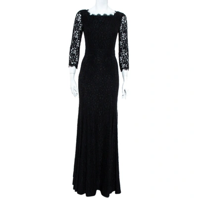 Pre-owned Diane Von Furstenberg Black Floral Lace Scallop Trim Detail Zarita Maxi Dress L