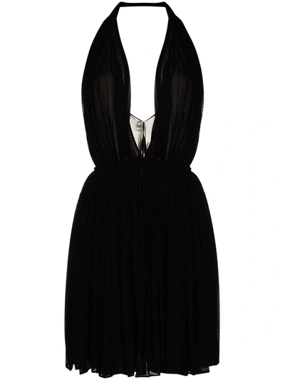 Shop Saint Laurent Halterneck Pleated Mini Dress In Black
