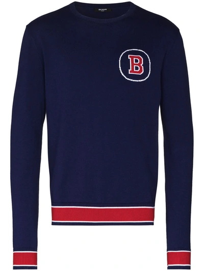 Shop Balmain Embroidered-logo Varsity-style Jumper In Blue