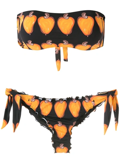 Shop Amir Slama Frufru Printed Bandeau Bikini Set In Black