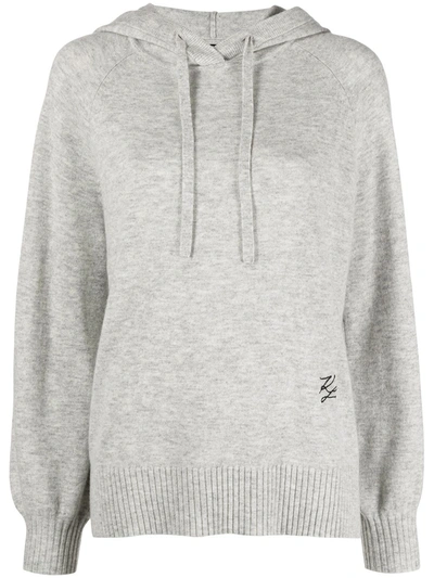 Shop Karl Lagerfeld Embroidered Logo Knitted Hoodie In Grey
