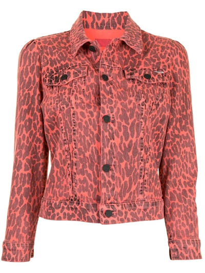 Shop Mother Leopard Print Cropped Denim Jacket In Pink