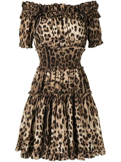 Shop Dolce & Gabbana Leopard-print Short Dress In Brown
