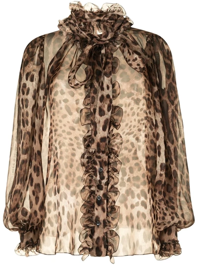 Dolce & Gabbana Pussy-bow Leopard-print Silk-chiffon Blouse In Brown