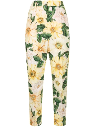 Shop Dolce & Gabbana Camellia-print High-waisted Trousers In Yellow