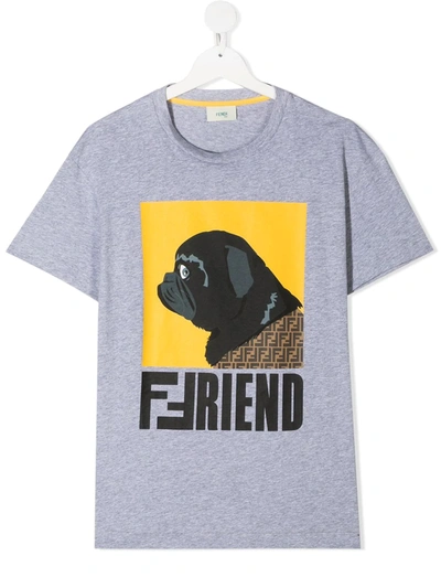 Shop Fendi Teen Dog Print Slogan T-shirt In Grey