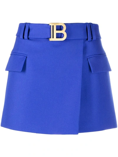 Shop Balmain Belted Short Skirt In Blue