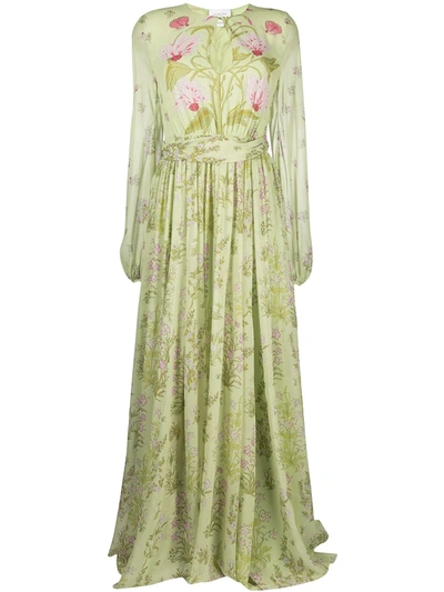 Shop Giambattista Valli Draped Silk Floral-print Gown In Green