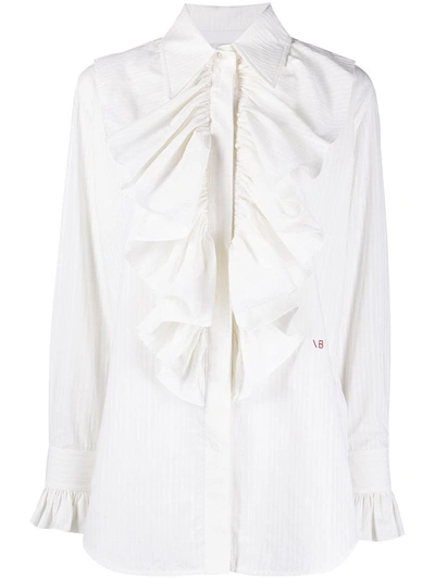 Shop Victoria Beckham Ruffle-front Striped Shirt In White