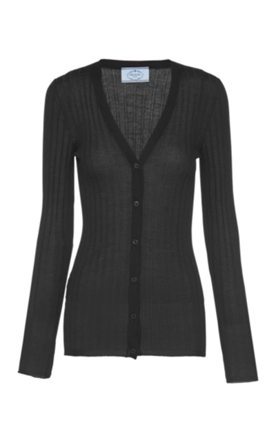 Shop Prada Ribbed Silk-cashmere Knit Cardigan In Black