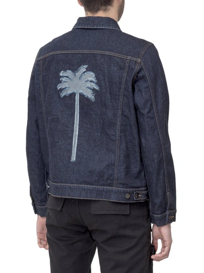 Shop Palm Angels Palm Tree Print Zipped Denim Jacket In Blue