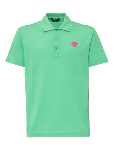 Shop Versace Medusa Embroidered Polo Shirt In Green