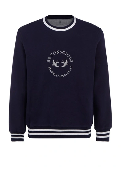 Shop Brunello Cucinelli Slogan Embroidered Crewneck Sweatshirt In Blue