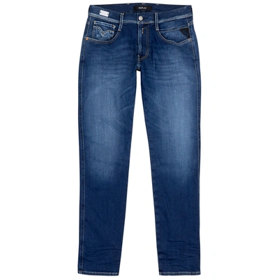 Shop Replay Anbass Hyperflex Blue Slim-leg Jeans In Dark Blue