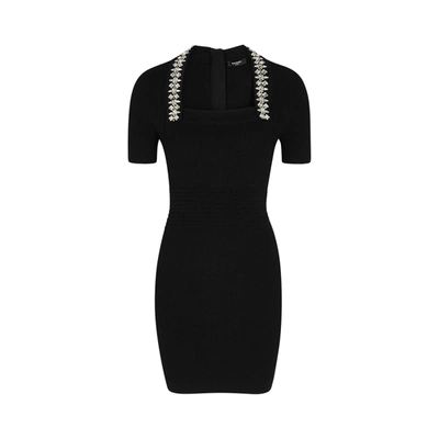 Shop Balmain Black Embellished Ribbed-knit Mini Dress