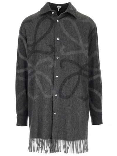 Shop Loewe Anagram Jacquard Blanket Fringed Shirt In Grey