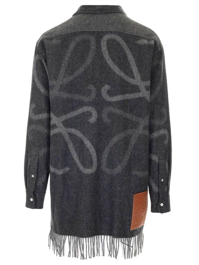 Shop Loewe Anagram Jacquard Blanket Fringed Shirt In Grey